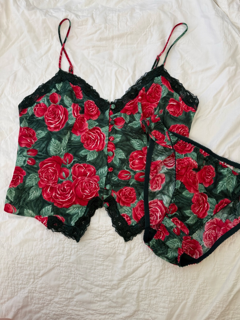 Floral Lace Trim Cami & Panty Set - Red Rose
